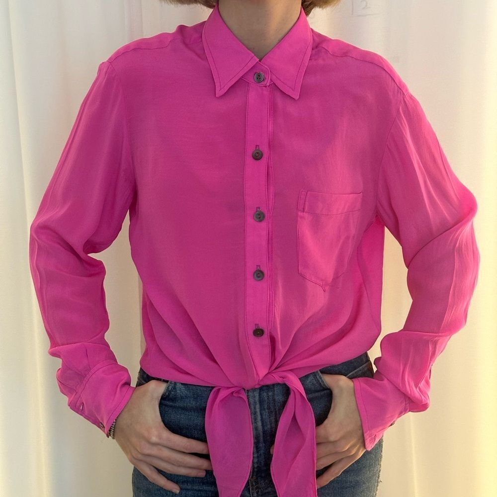 Trina Turk silk hot magenta tie front button-down blouse